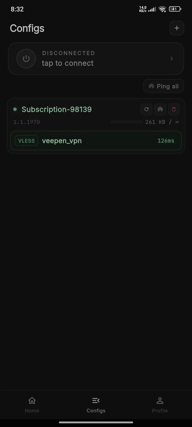 Veepen با یک اشتراک VLESS واردشده و فهرست سرورها