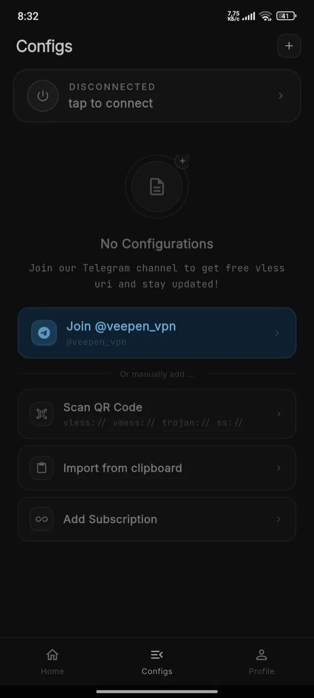 Veepen Configs tab with no configurations added yet