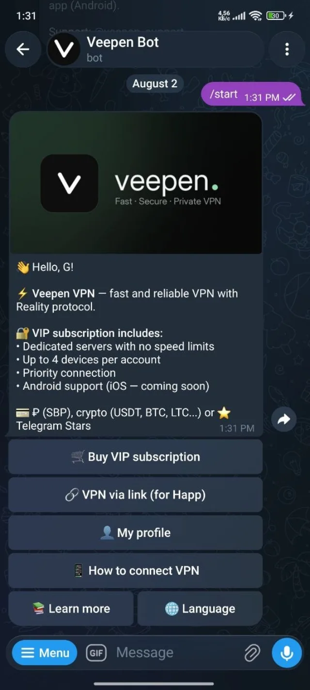 Veepen Telegram bot main menu with VIP subscription and VPN via link options
