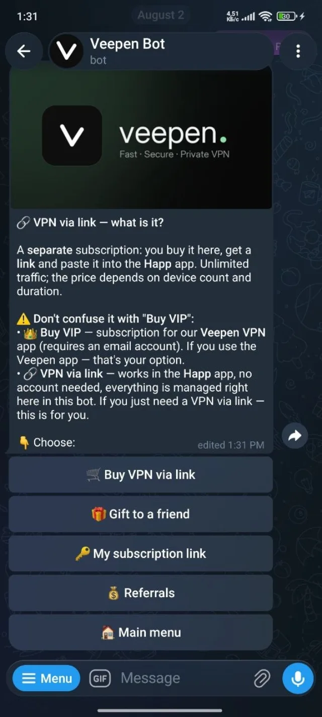 VPN via link menu in the Veepen bot: buy, gift, my subscription link, referrals