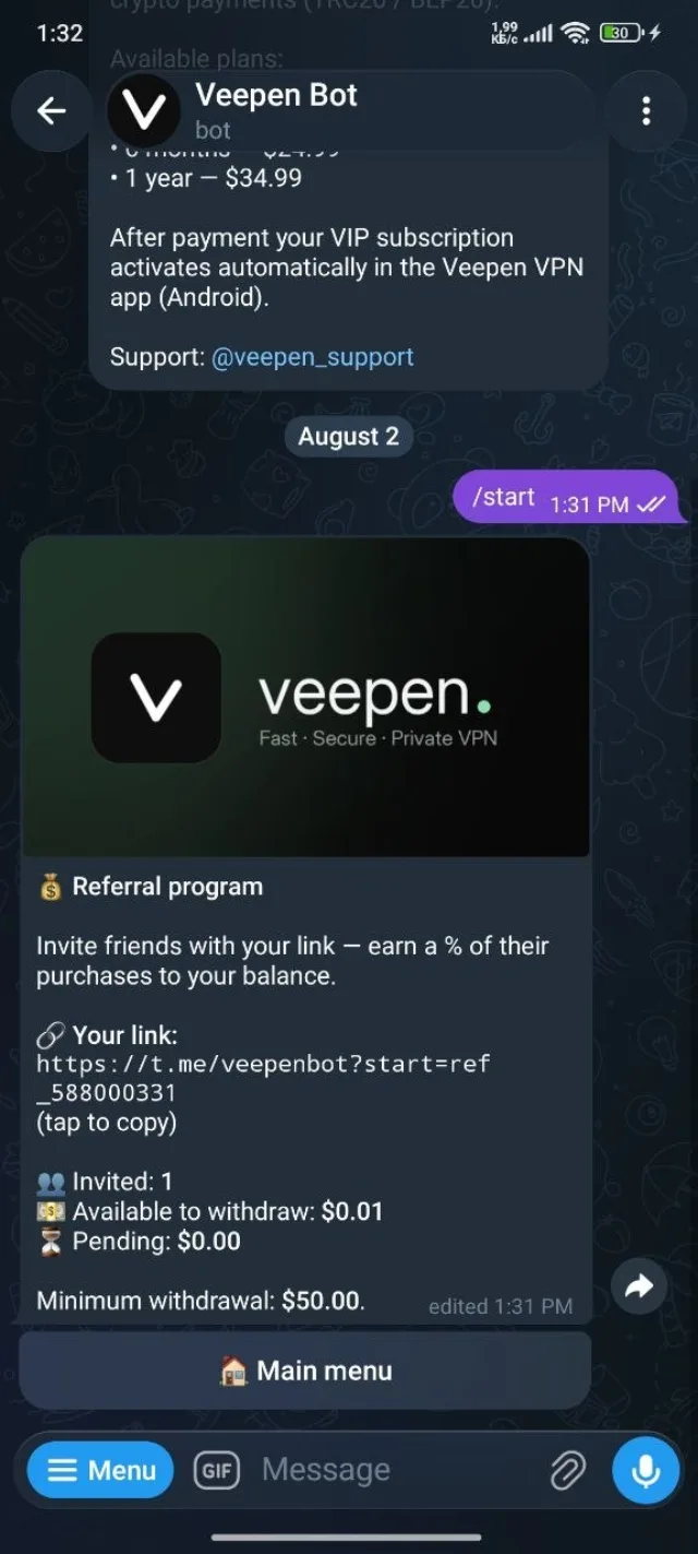 Referral program screen with invite link, invited count, and balance