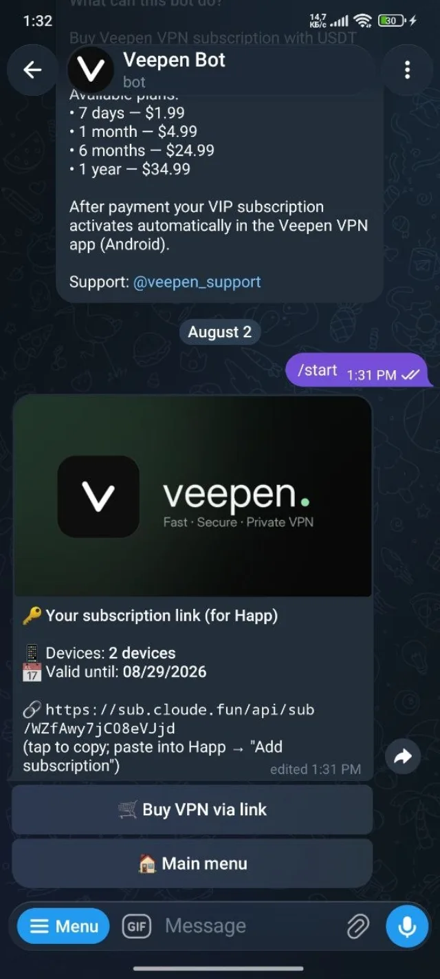 Your subscription link for Happ with device count and valid-until date