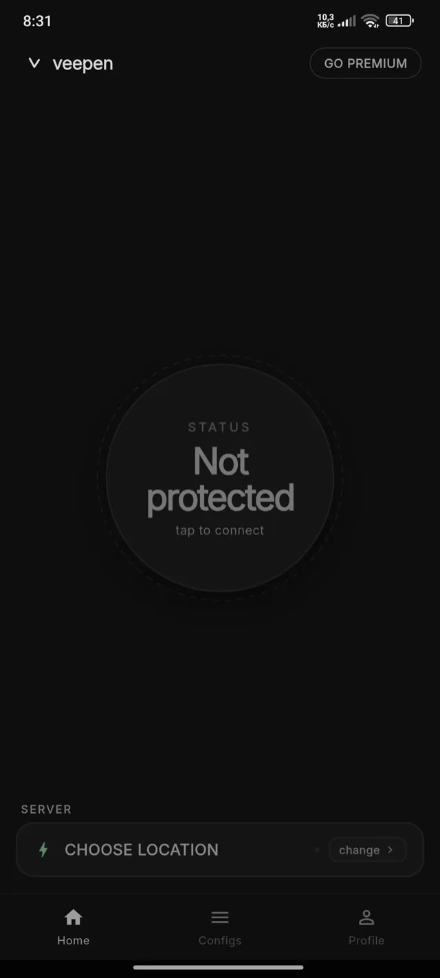 Schermata Home di Veepen che mostra Not protected, tocca per connetterti